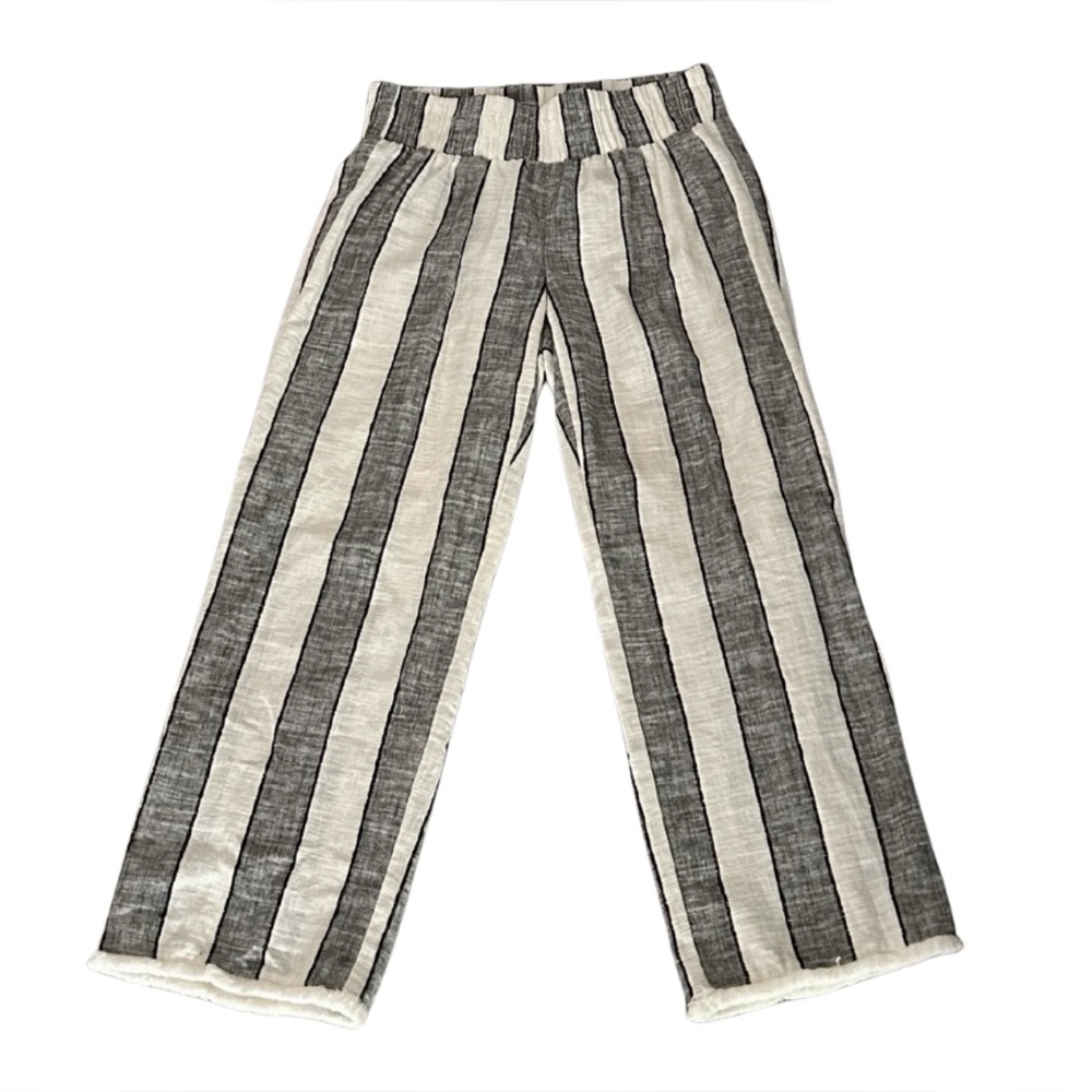 Attyre Linen/Cotton Blend Pull On Wide Leg Pants | Cream/Black Stripe | Size 4